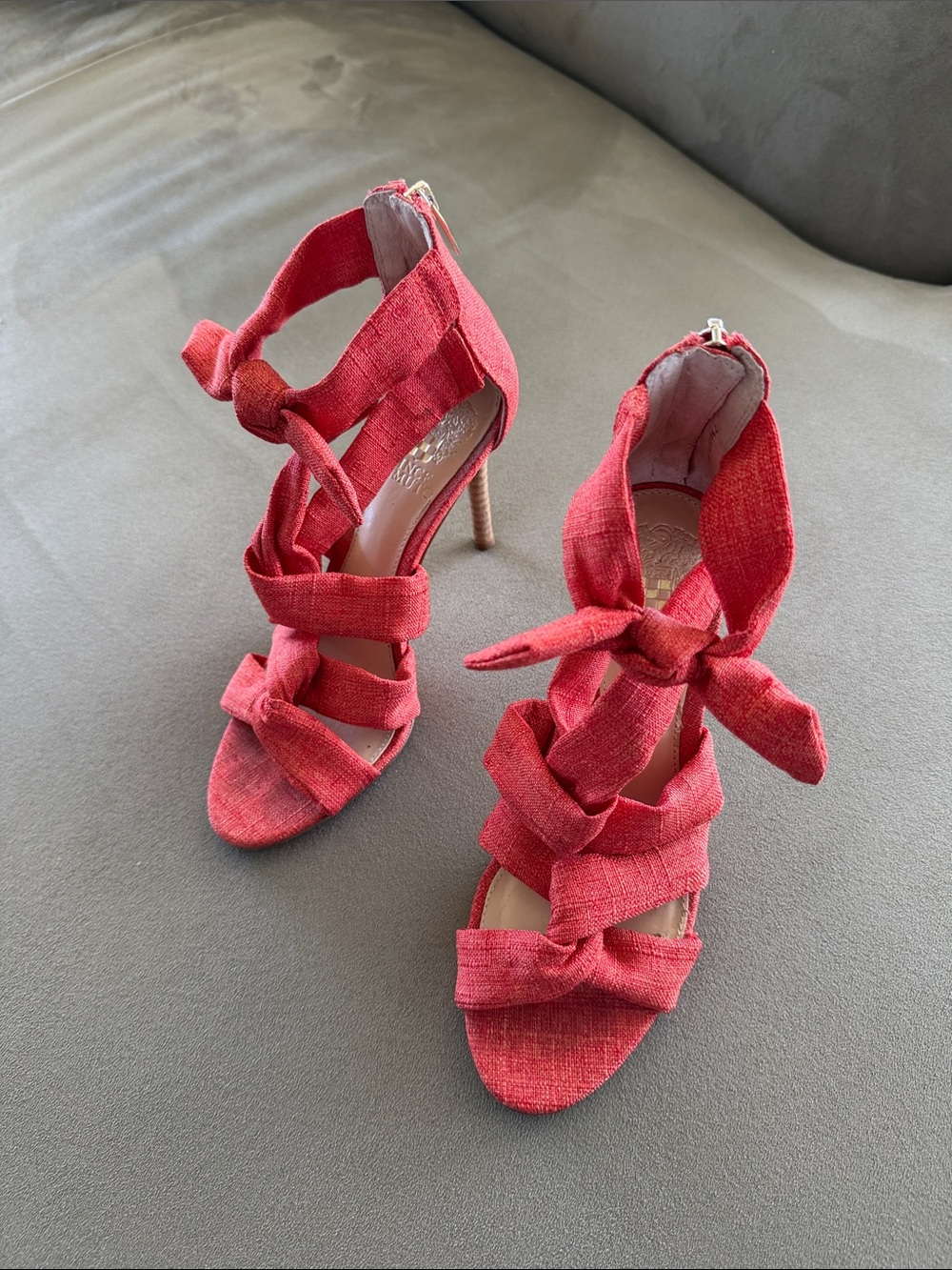 Vince Camuto Coral-Red Knotted Fabric Stiletto Sandals